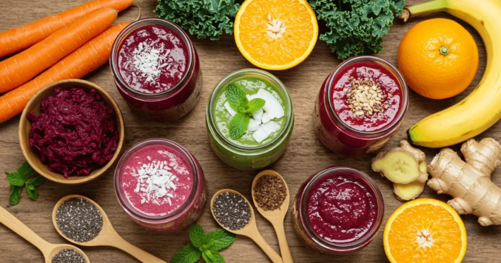 Colorful, thick pulp smoothies in jars surrounded by fresh fruits, vegetables, and leftover pulp on a rustic kitchen table