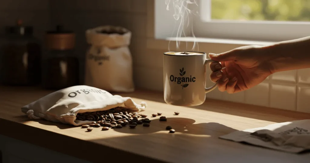 A person enjoying a cup of freshly brewed organic coffee in a cozy morning kitchen setup with sustainable elements.