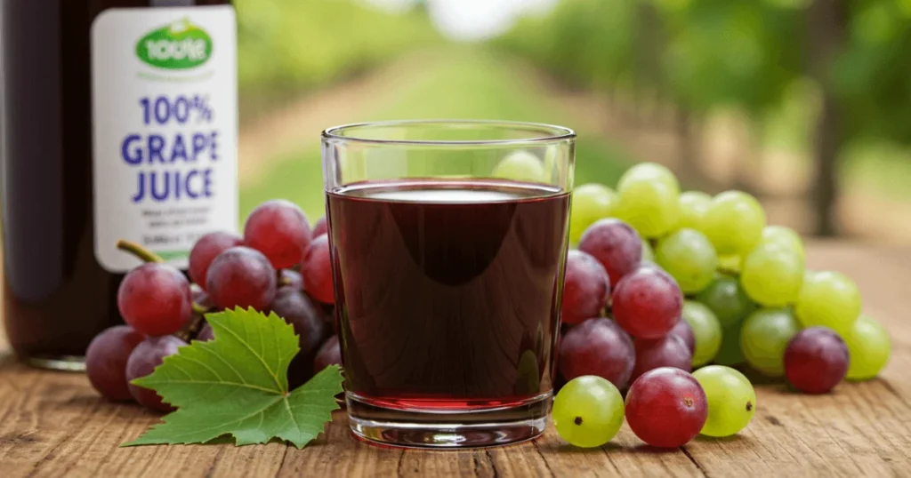100% pure grape juice in a glass with fresh red and green grapes on a wooden table