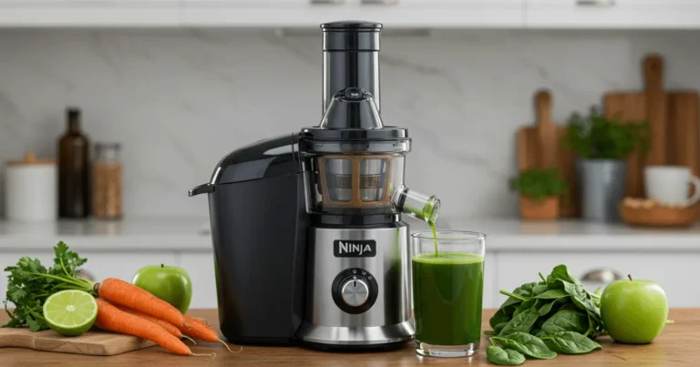 Modern Ninja cold press juicer with fresh produce and green juice on a countertop.
