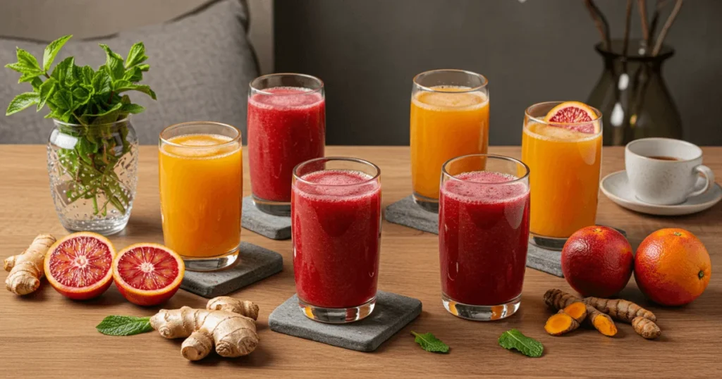 A vibrant display of five unique blood orange juice mixes on a wooden table with fresh ingredients around each glass