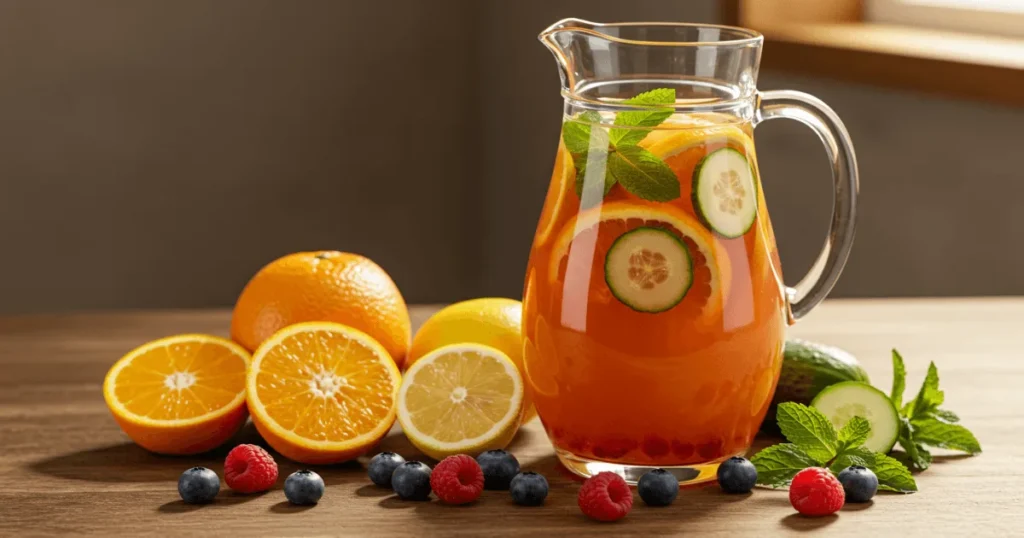 A vibrant pitcher of infused water with citrus, berries, cucumber, and mint displayed on a wooden table.