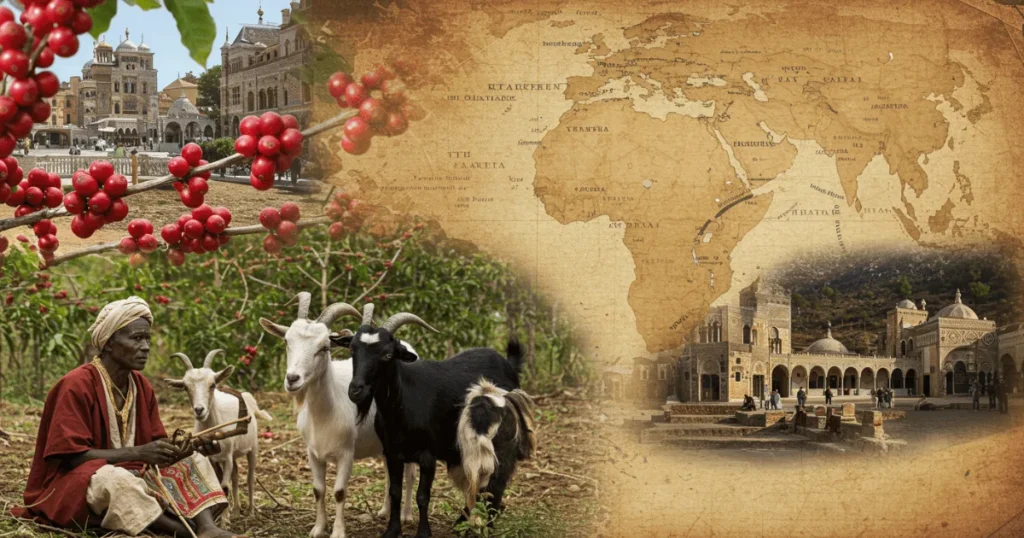 Visual story of Arabica coffee's origins from Ethiopian goat herder Kaldi to global spread through Yemen, Mecca, and Europe.