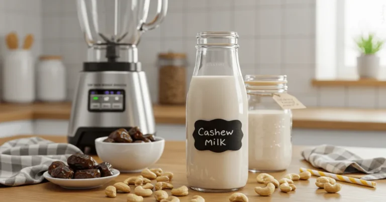 A bottle of homemade cashew milk with raw cashews and ingredients on a wooden kitchen counter.