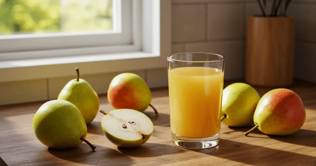 A glass of fresh pear juice sits beside ripe pears on a wooden kitchen counter, bathed in warm morning light.
