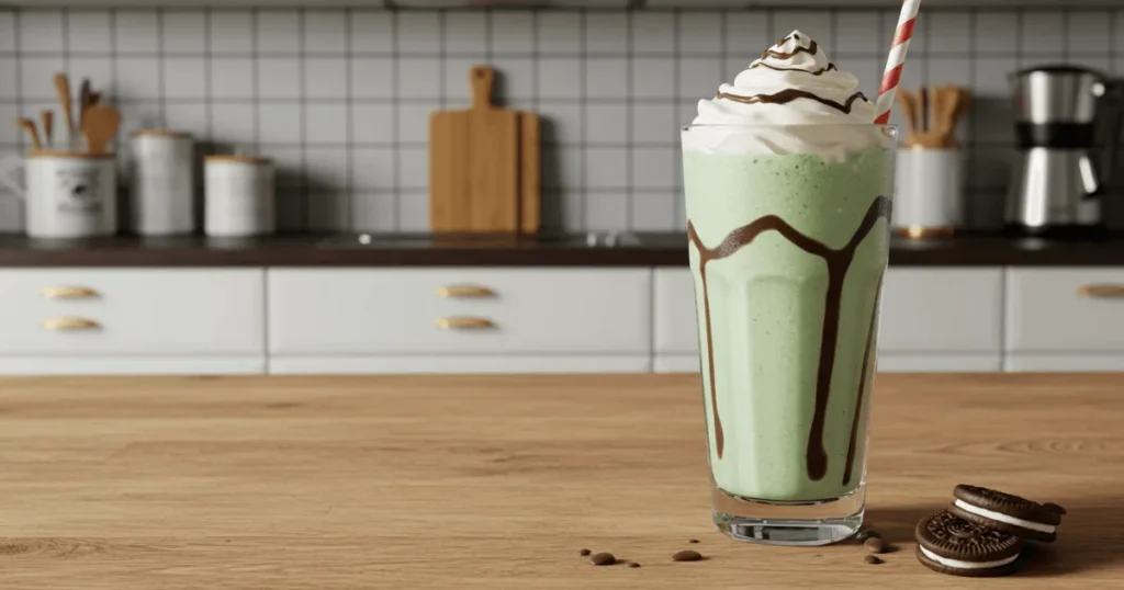 Creamy peppermint milkshake topped with whipped cream, crushed candy canes, and chocolate drizzle in a festive holiday setting.