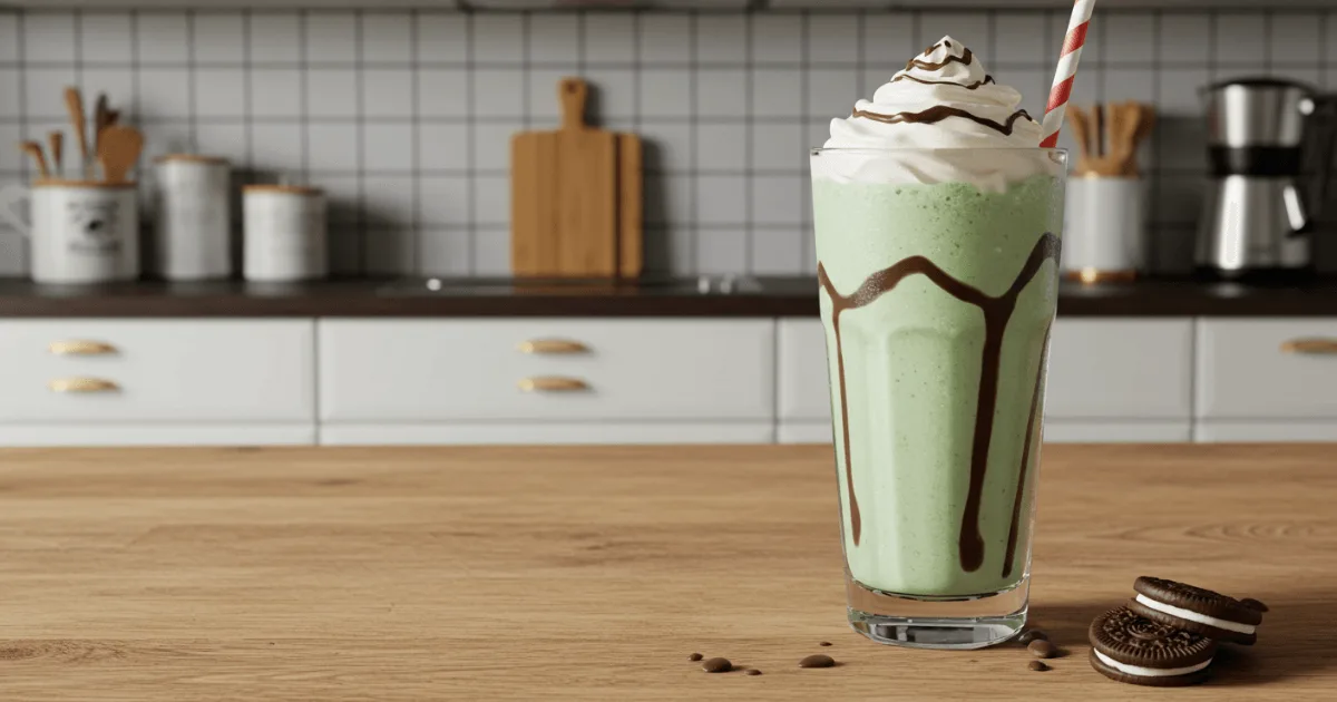 Creamy peppermint milkshake topped with whipped cream, crushed candy canes, and chocolate drizzle in a festive holiday setting.