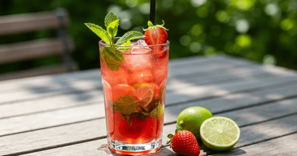 Fresh strawberry mojito drink with mint and lime served in a glass on a rustic table outdoors, perfect for summer recipes.