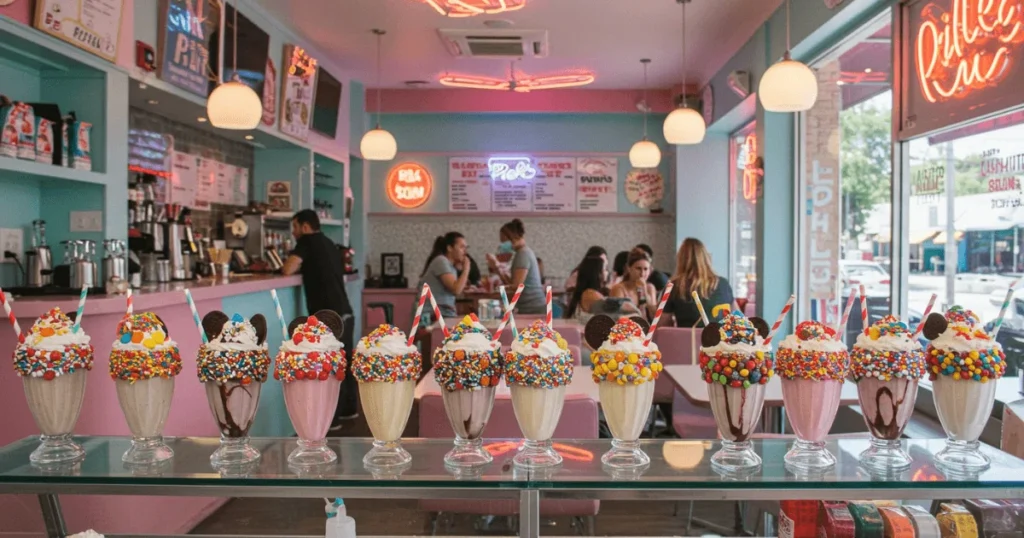 A cozy Milkshake Factory café with vibrant milkshakes on display and happy customers enjoying the ambiance.