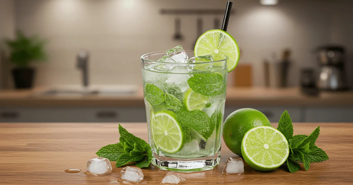A freshly made mojito with lime and mint on a rustic wooden table, highlighting its refreshing appeal and digestive benefits.