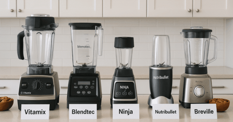 Five top blenders for nut butter lined up on a counter for testing and comparison.