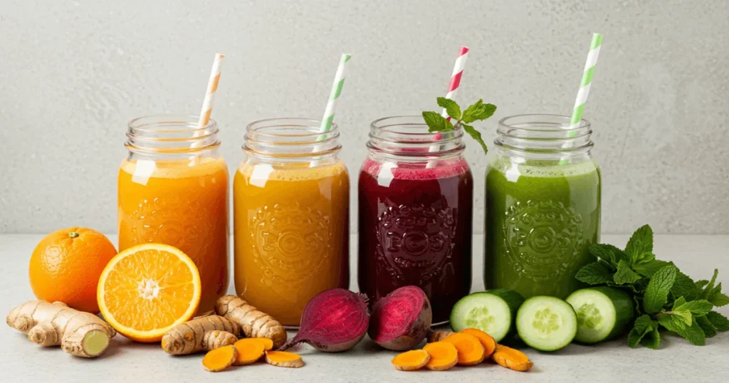 A vibrant photo of four fresh Happy Juice jars made from colorful fruits and vegetables, surrounded by raw ingredients like ginger, beets, orange, and mint on a countertop