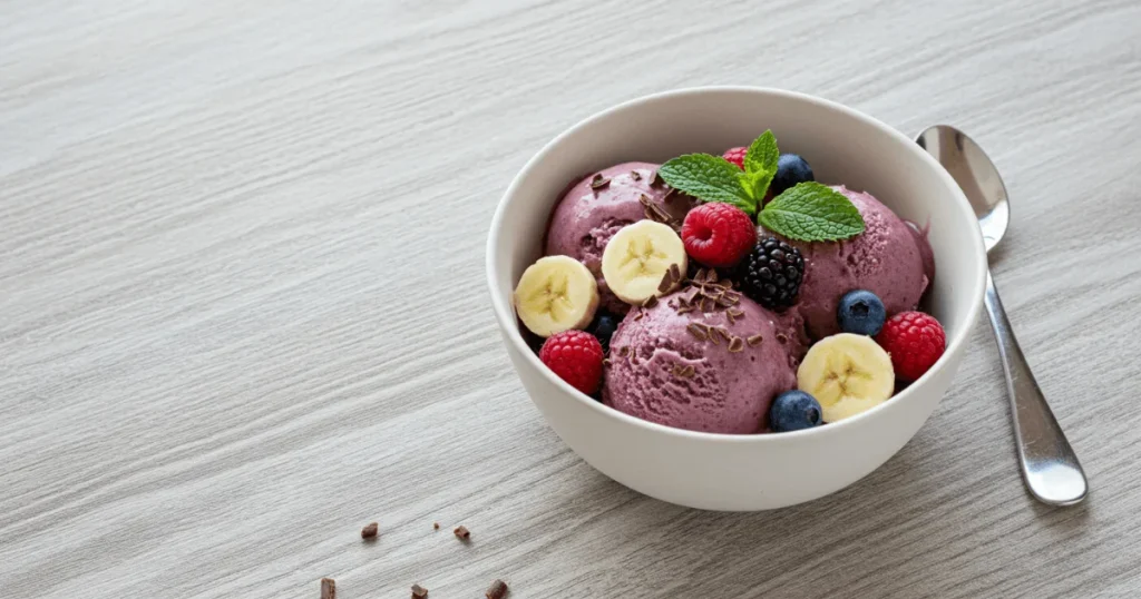 A vibrant bowl of healthy homemade ice cream topped with berries and chocolate, representing a guilt-free dessert option.