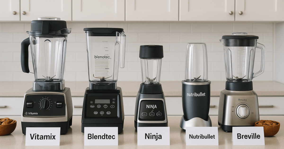 Five top blenders for nut butter lined up on a counter for testing and comparison.