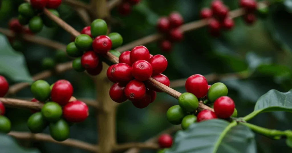 Close-up of ripe Arabica coffee cherries on the plant, ready for harvesting."