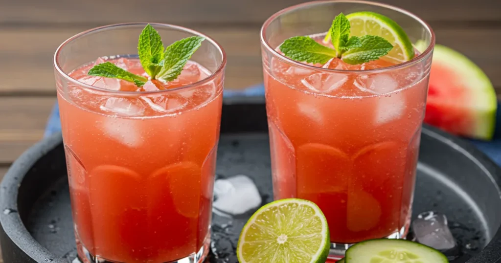 A light pink cucumber-watermelon juice served with mint and lime, ideal for refreshing and detoxifying during summer.