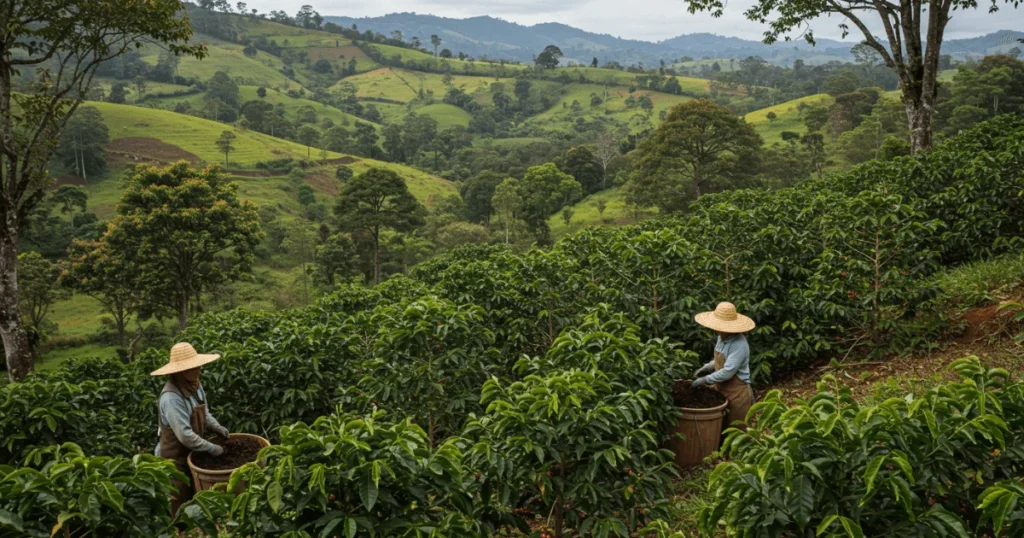 Organic coffee farmers working on a shade-grown farm with compost and sustainable practices in a vibrant natural setting.