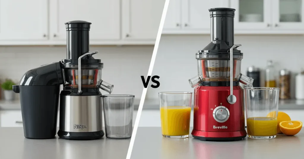 Side-by-side of Ninja cold press juicer and Breville juicer with juice results.