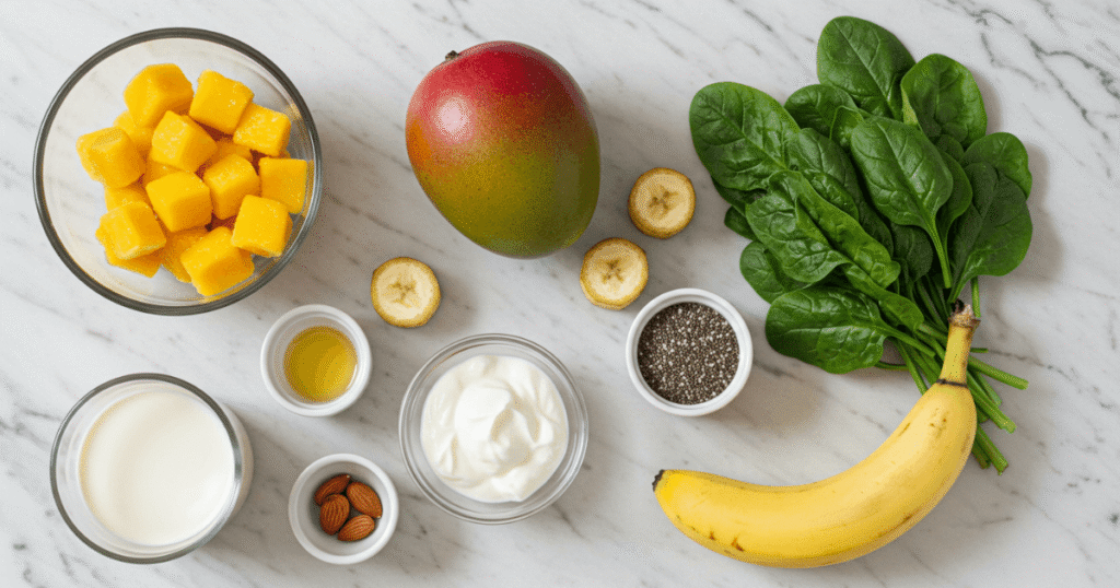 A flat lay of frozen mango, banana, yogurt, and milk on a white surface