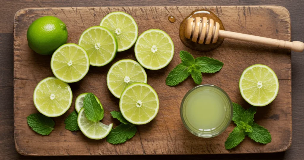 Lime slices, mint, honey, and lime juice on a rustic board.