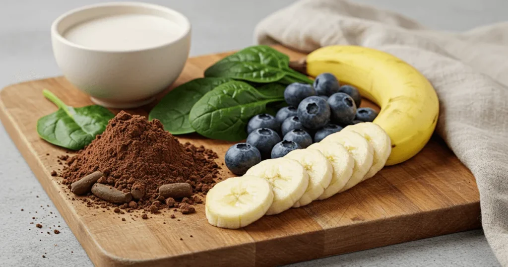 Natural ingredients like banana, spinach, and raw cacao displayed for a detox smoothie focused on mood enhancement.