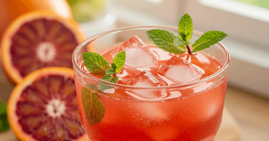 Blood orange juice in a glass with mint leaves and ice, giving off a fresh, cooling summer vibe.