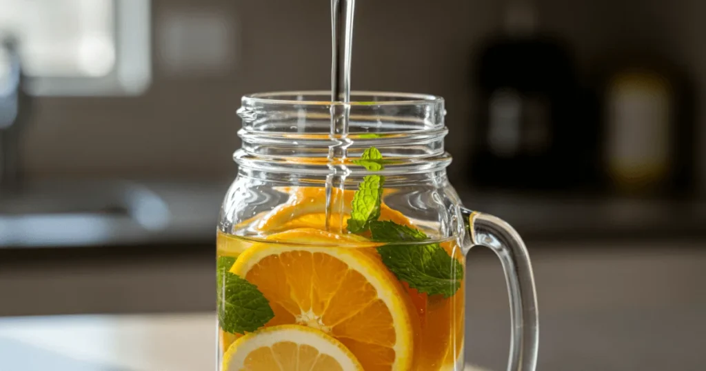 Sliced lemons and mint being added into a mason jar of water for infused hydration.