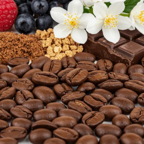 Arabica coffee beans surrounded by hints of fruit, flowers, and chocolate, illustrating the diverse flavors of Arabica coffee