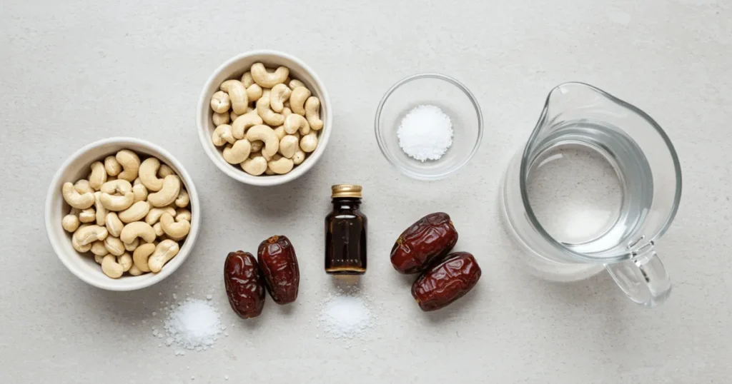 Cashew milk ingredients including raw cashews, water, vanilla, dates, and maple syrup arranged on a countertop.
