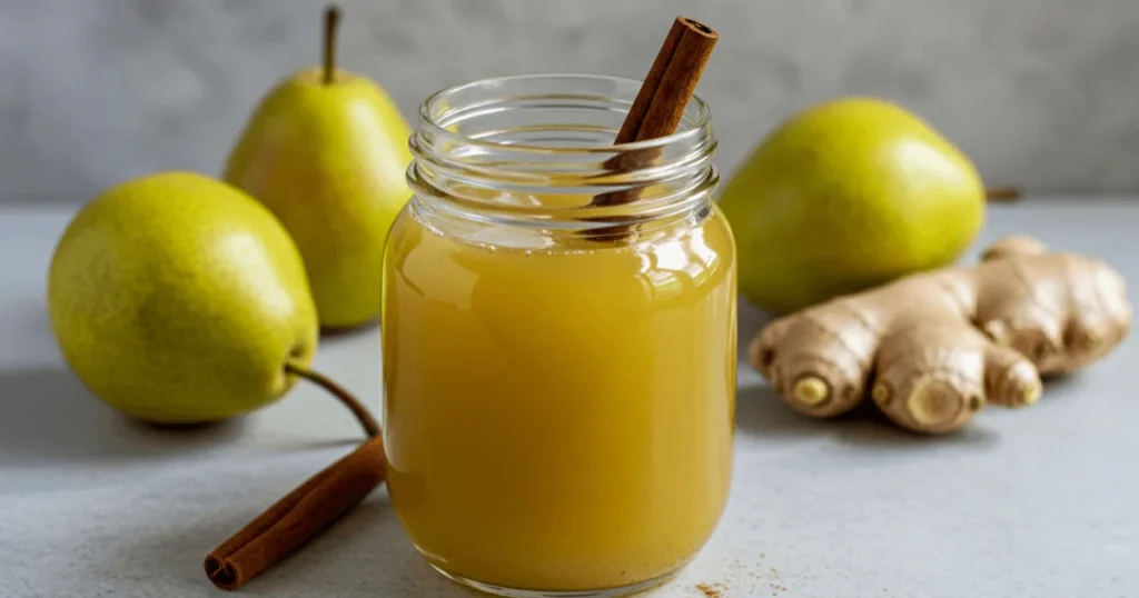 A mason jar filled with fresh pear and ginger juice, garnished with a cinnamon stick, next to fresh ginger and ripe pears.