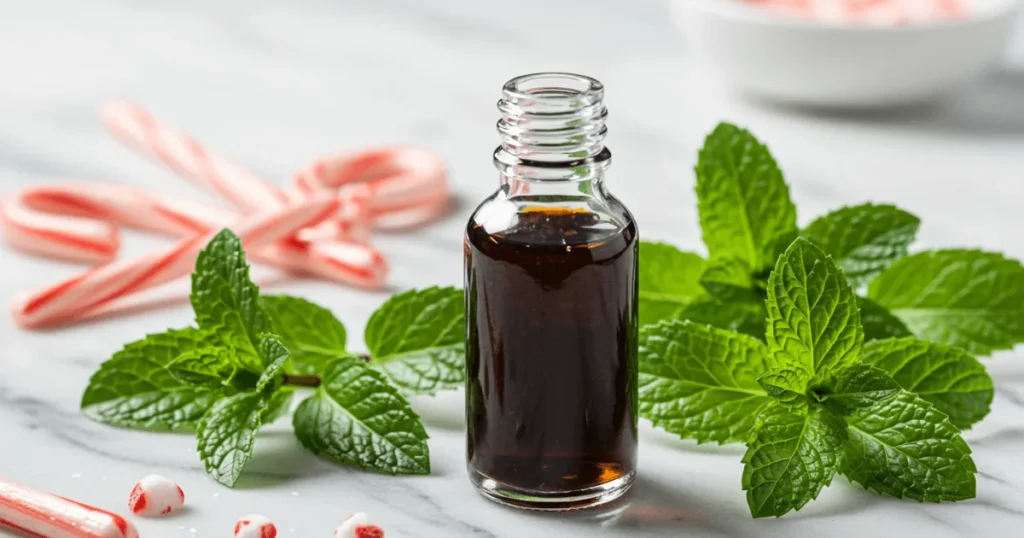 Bottle of peppermint extract surrounded by candy canes and fresh mint leaves, highlighting the importance of mint precision.