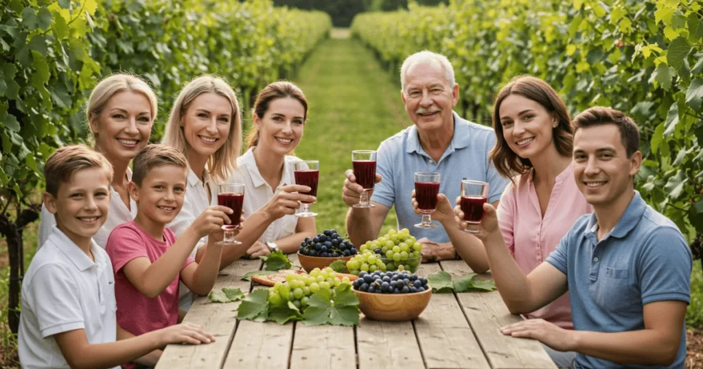 Family enjoying grape juice outdoors surrounded by grapes and vineyard