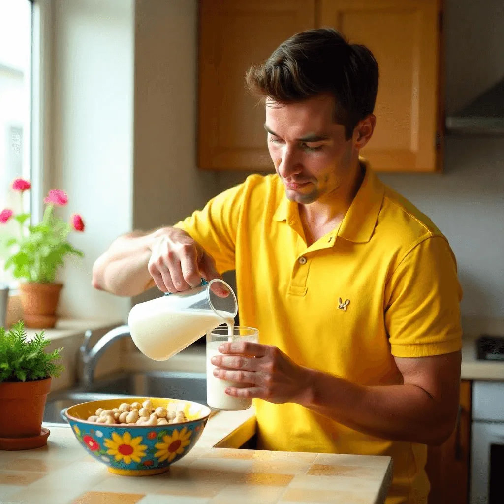 A man pouring into a glass, with a bowl of beside him.