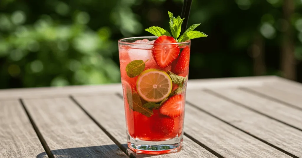 Fresh strawberry mojito drink with mint and lime served in a glass on a rustic table outdoors, perfect for summer recipes.