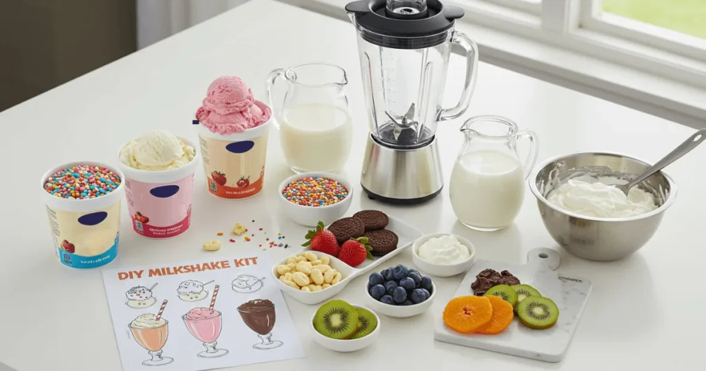 DIY milkshake kit layout featuring ingredients, blender, and step-by-step instructions.