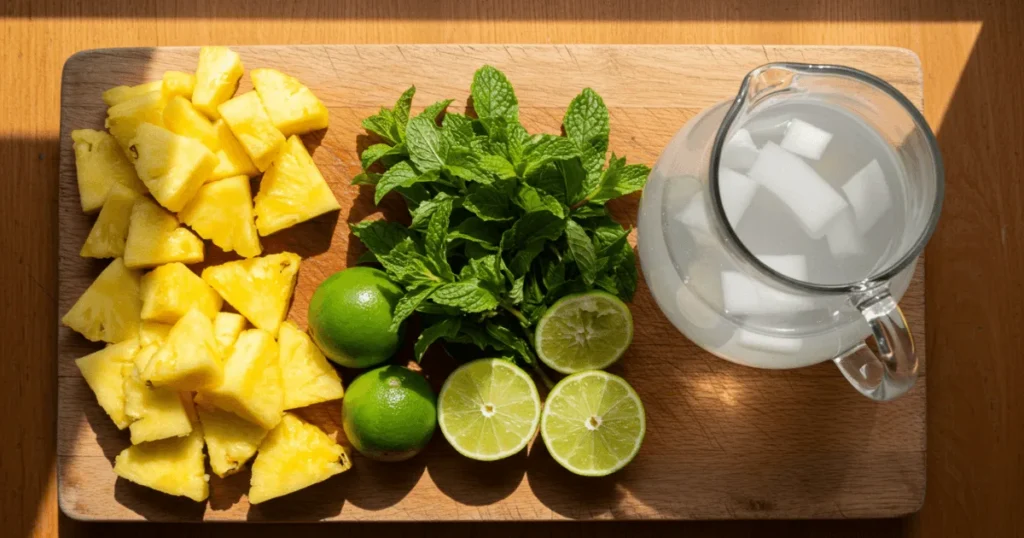 Pineapple, coconut water, lime, and mint arranged neatly on a wooden board, ready to be blended into a tropical Happy Juice.
