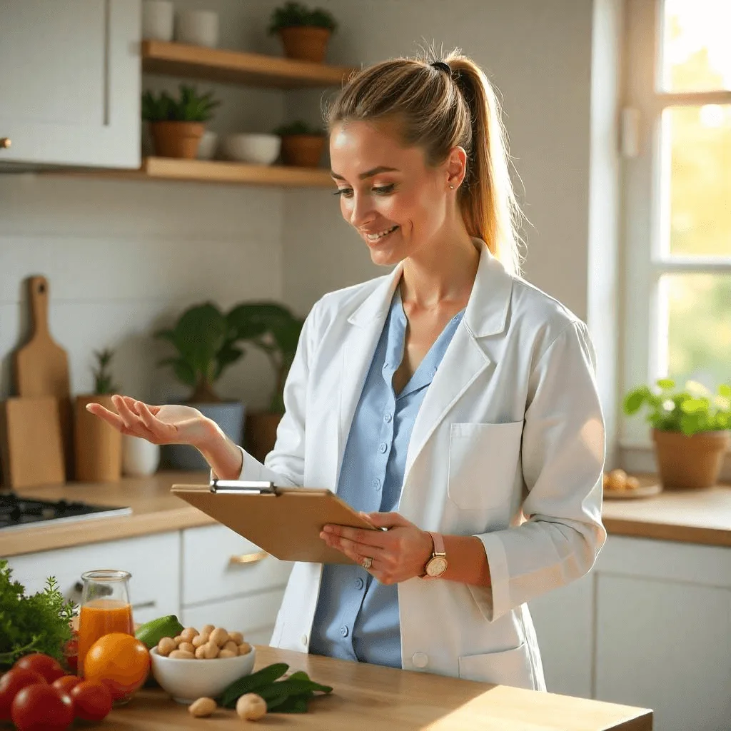 A nutritionist holding a clipboard, standing next to a table with cashew milk and healthy ingredients