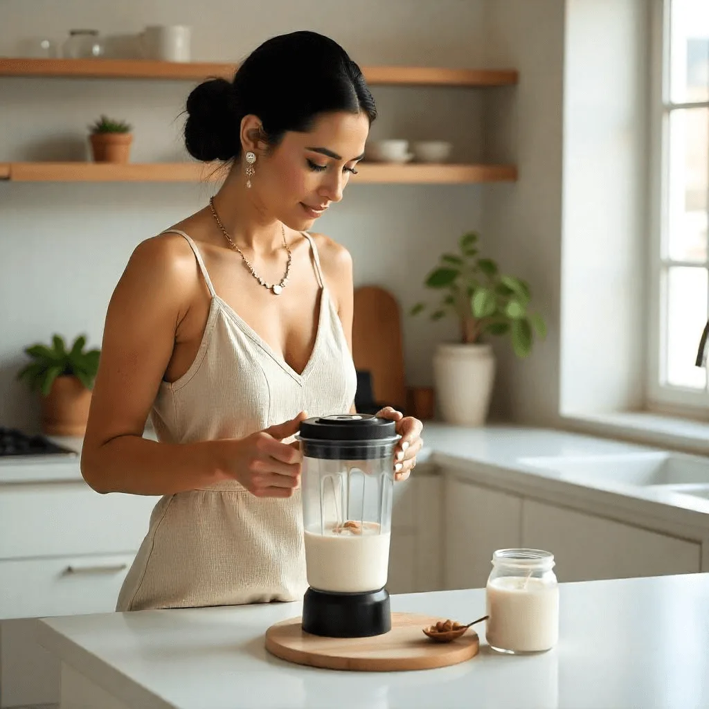 A woman blending soaked cashews to make creamy.