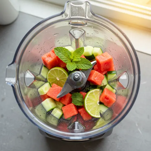 Watermelon, cucumber, and mint being blended together for a fresh homemade juice recipe.