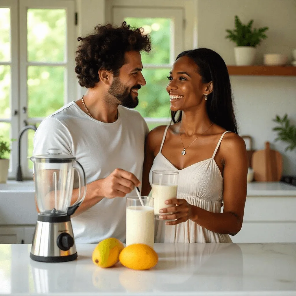 A young couple enjoying cashew milk smoothies together