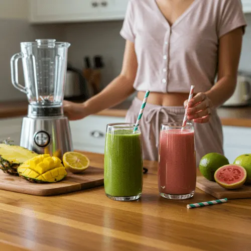 Woman enjoying easy recipes tropical smoothies in glass vessels during her morning kitchen routine.