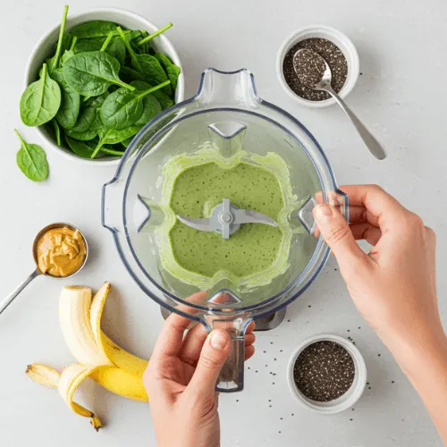 Hands adding ingredients into a blender for a green Healthy Smoothie, surrounded by fresh spinach, banana, peanut butter, and chia seeds on a kitchen counter.