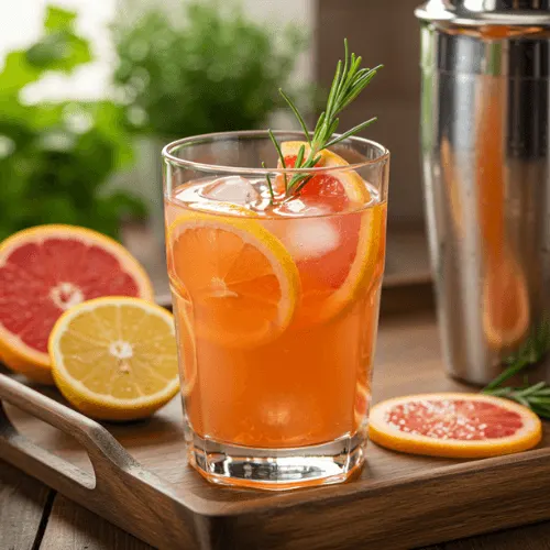A vibrant citrus mocktail served in a stemless glass with rosemary and grapefruit garnish, set on a wooden tray with fresh fruit slices.