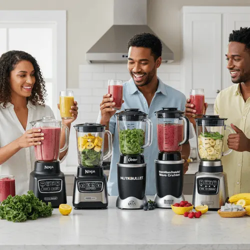 Top 5 budget best blender for smoothies under $100 being tested in a bright kitchen by diverse users, showing smoothie-making in progress.