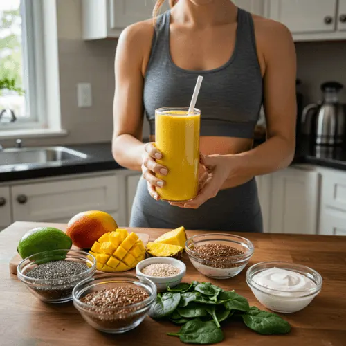Smiling woman in a kitchen holding a tropical smoothie vessel surrounded by healthy ingredients like spinach, mango, pineapple, and seeds "Is Tropical Smoothie Healthy"