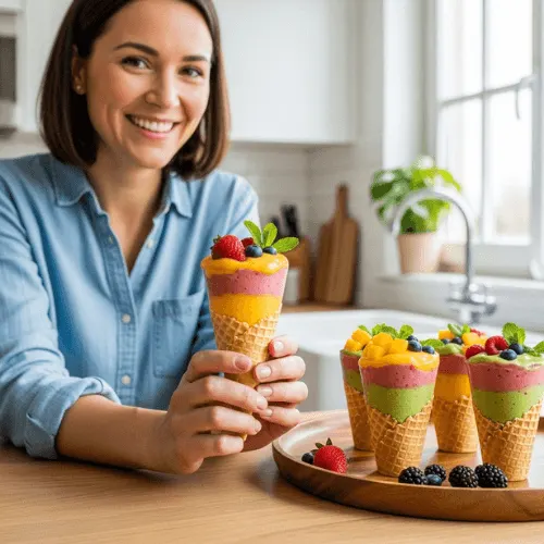 A smiling woman holding a colorful smoothie-filled ice cream cone in a sunlit kitchen.