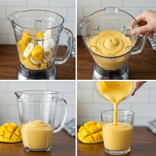 Step-by-step collage of making the mango smoothie