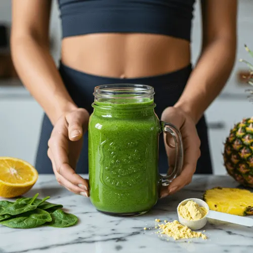 Green vegan protein smoothie in a mason jar held by a woman post-yoga with tropical ingredients in background.