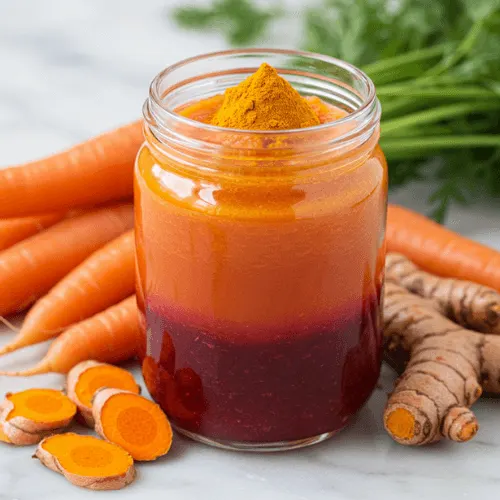 A layered juice blend of carrot and blood orange with turmeric, promoting glowing skin and vibrant health.