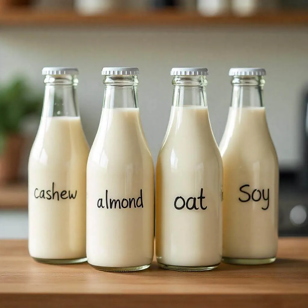A comparison of different dairy-free milks in glass bottles, labeled with their names